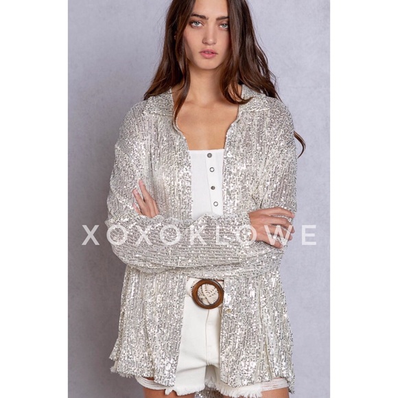 POL Silver Sequin Button Down Shirt Oversized Sparkle - Picture 7 of 13